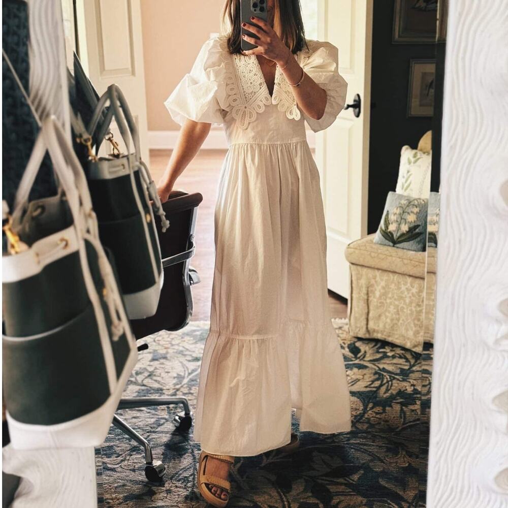 Hunter Bell Mercer Dress White Cotton Lace Collar Puff Sleeve Midi Maxi Dress L - Picture 3 of 13